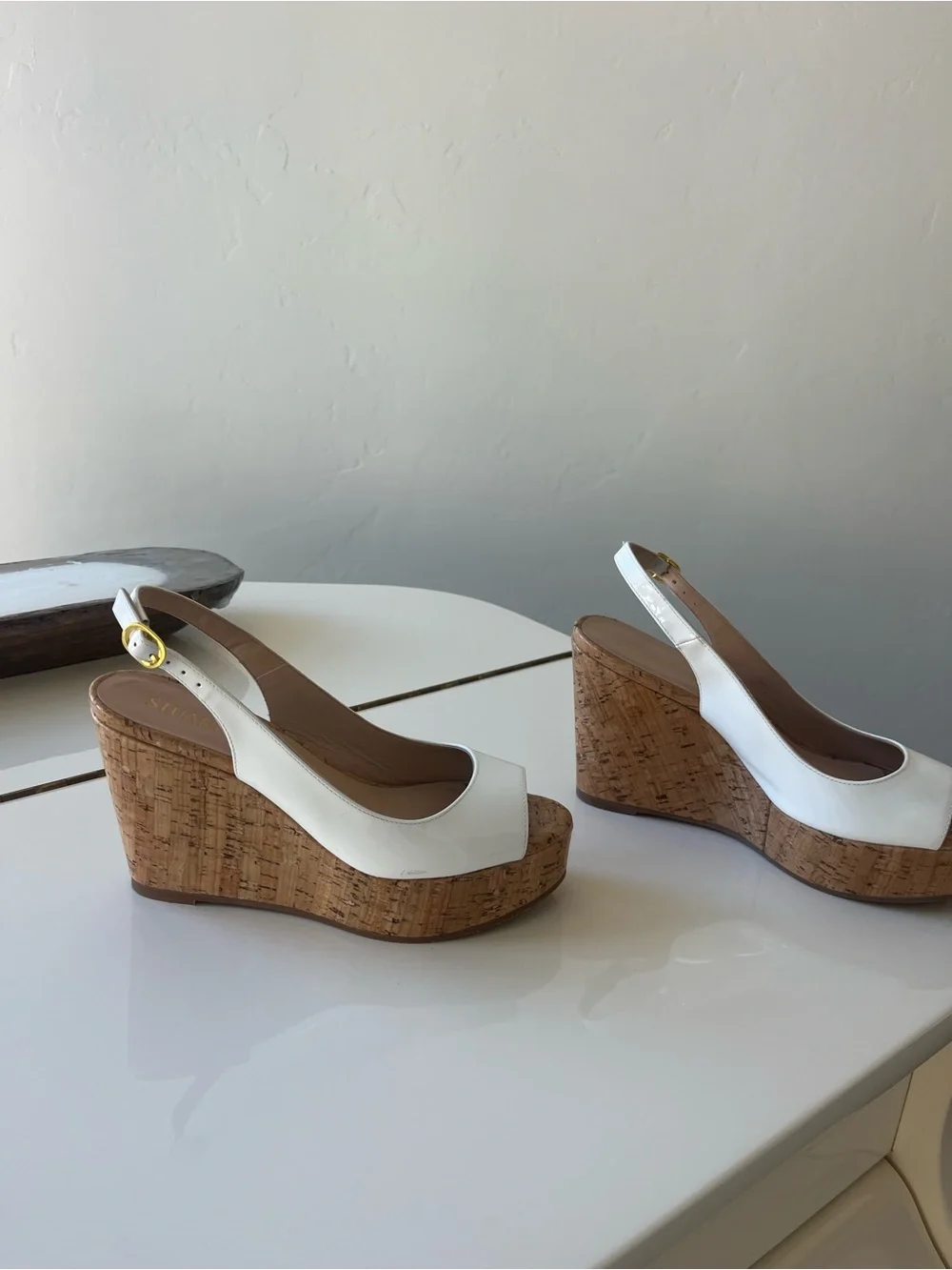 Stuart Weitzman White Patent Leather Cork Wedge Slingbacks - Picture 4 of 5
